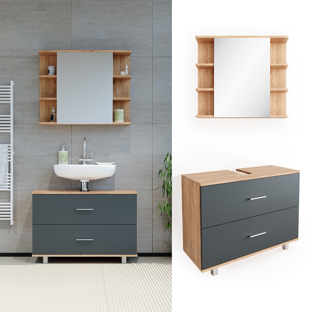 VICCO Badm&ouml;bel Set ILIAS Eiche Anthrazit Bad Spiegel Unterschrank Badschrank 