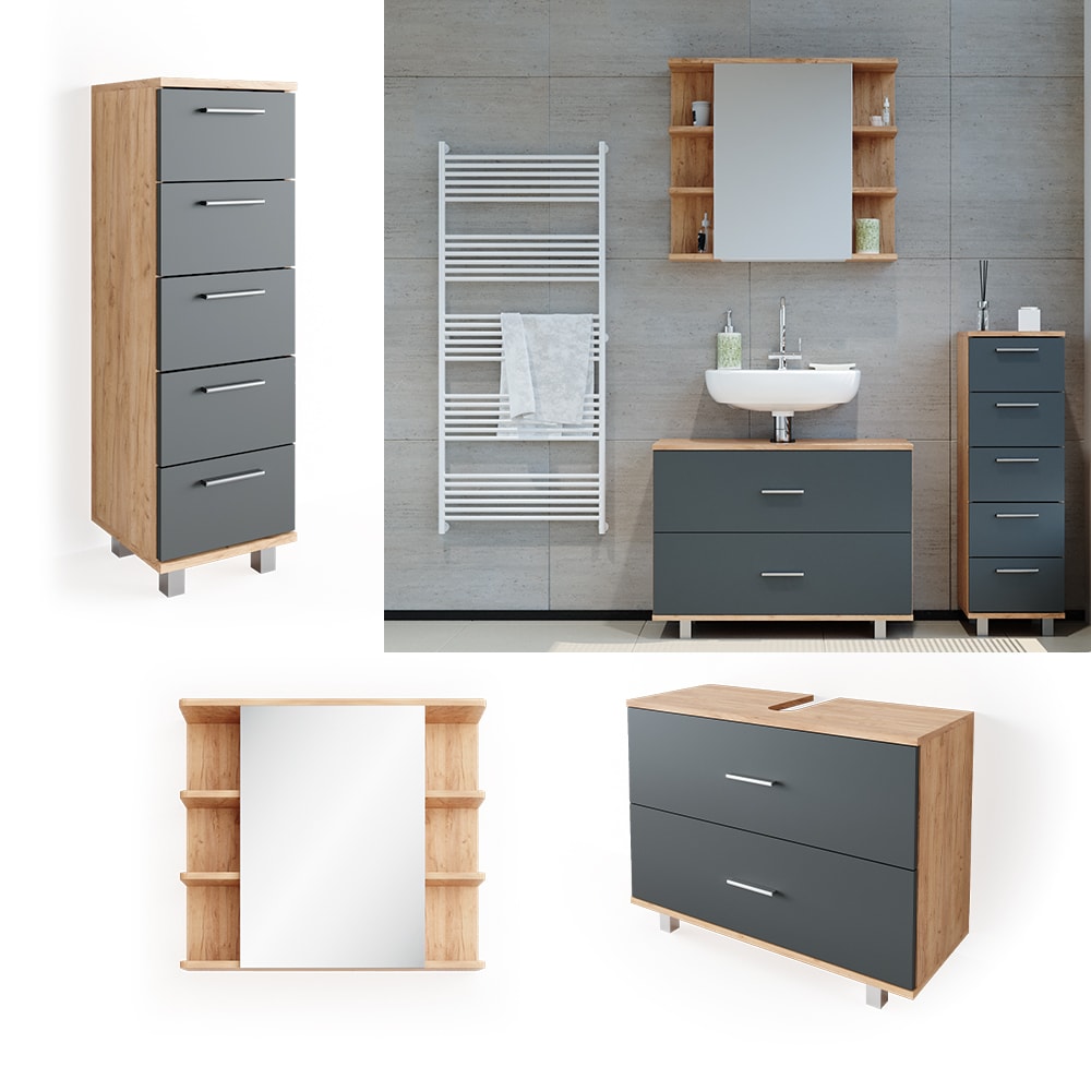 VICCO Badm&ouml;bel Set ILIAS Eiche Anthrazit Spiegel Kommode Unterschrank Badschrank 