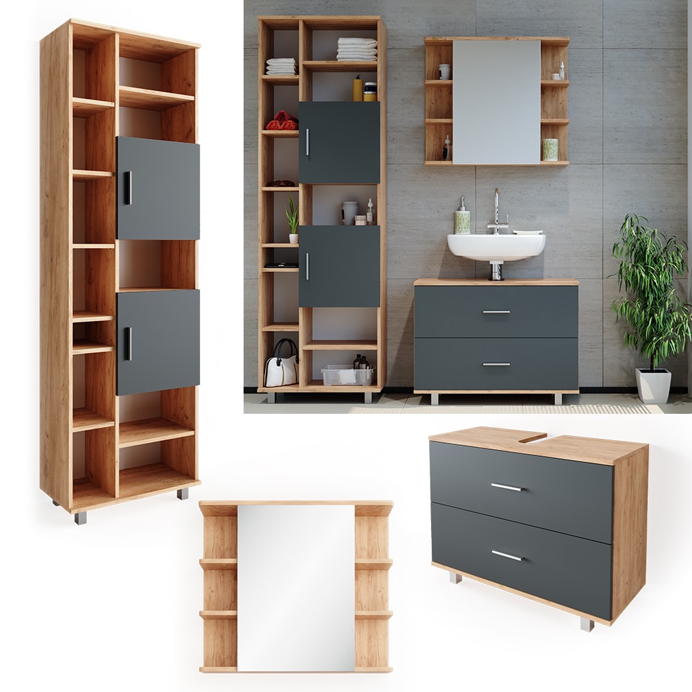 VICCO Badm&ouml;bel Set ILIAS Eiche Anthrazit Spiegel Kommode Unterschrank Badschrank 