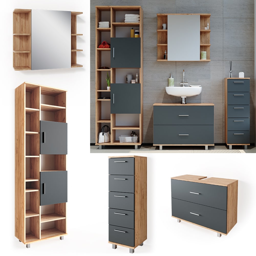 VICCO Badm&ouml;bel Set ILIAS Eiche Anthrazit Spiegel Kommode Unterschrank Badschrank 