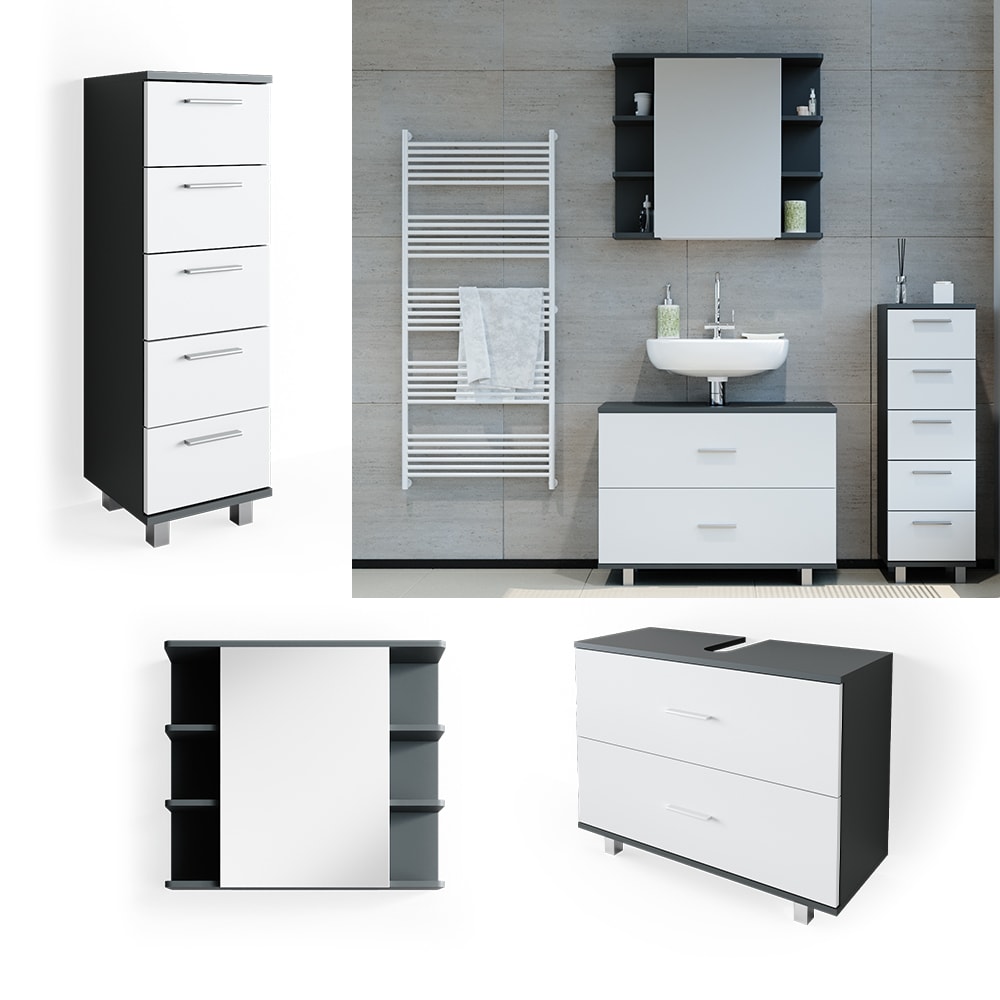 VICCO Badm&ouml;bel Set ILIAS Wei&szlig; Anthrazit Spiegel Kommode Unterschrank Badschrank 