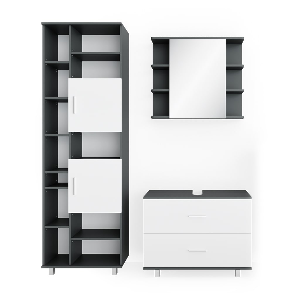 VICCO Badm&ouml;bel Set ILIAS Wei&szlig; Anthrazit Spiegel Kommode Unterschrank Badschrank 