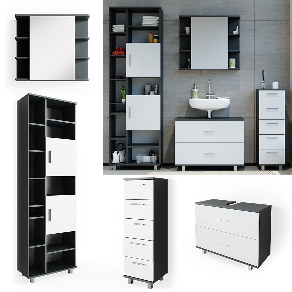 VICCO Badm&ouml;bel Set ILIAS Wei&szlig; Anthrazit Spiegel Kommode Unterschrank Badschrank 