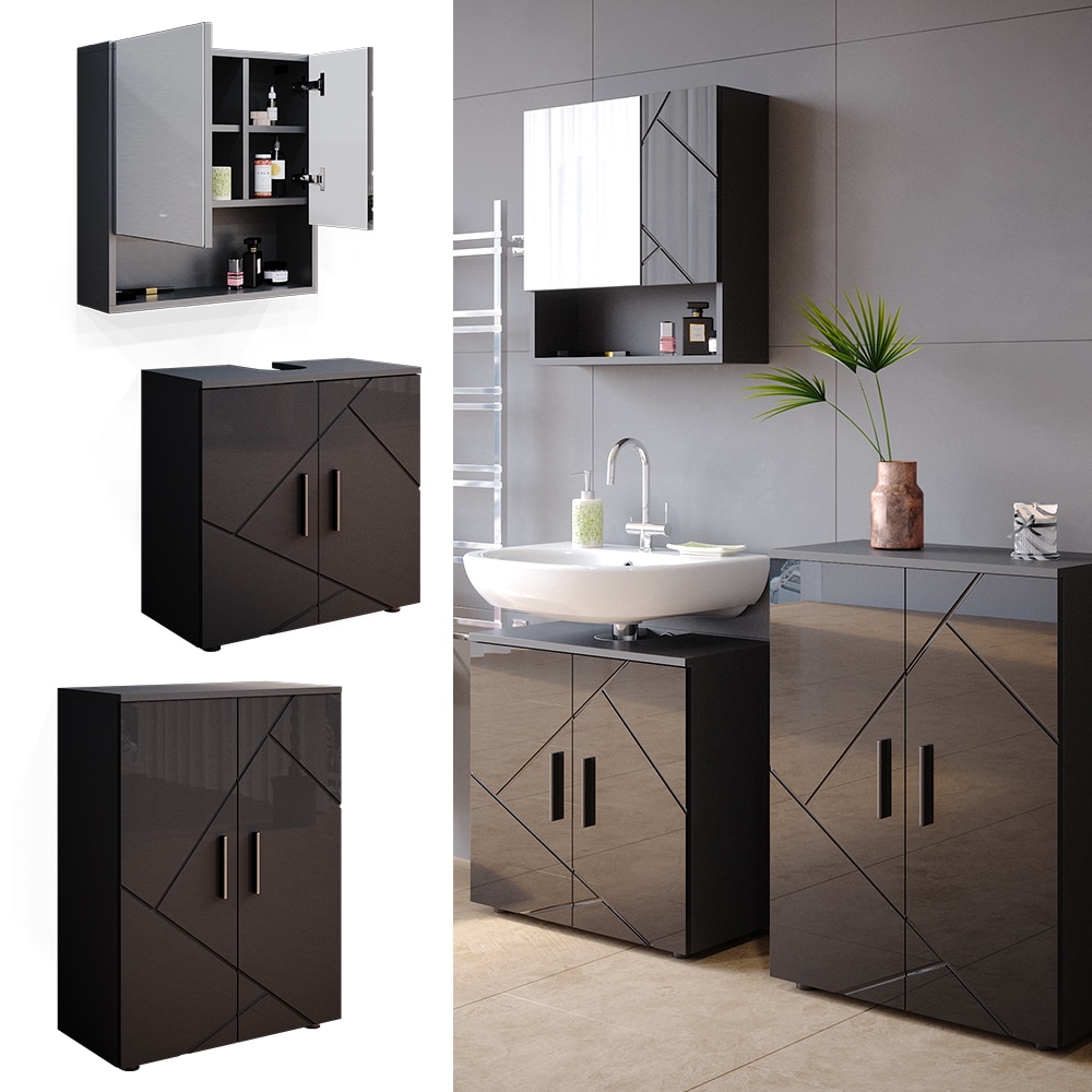 Vicco - Ensemble de meubles de salle de bain Irma, Anthracite Haute brillance, 3 pièces, avec armoire basse 60 cm