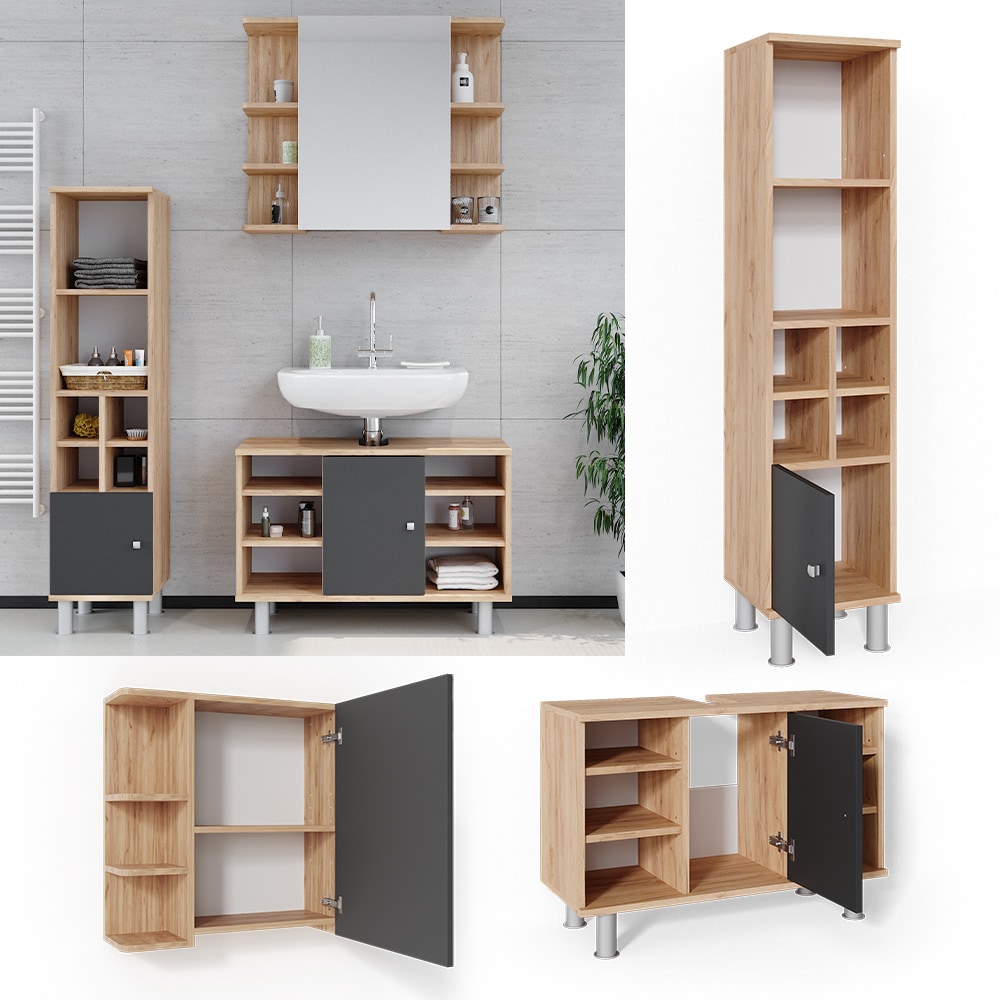 Vicco Badm&ouml;bel Set 3tlg Fynn Spiegelschrank Waschbeckenunterschrank Hochschrank 