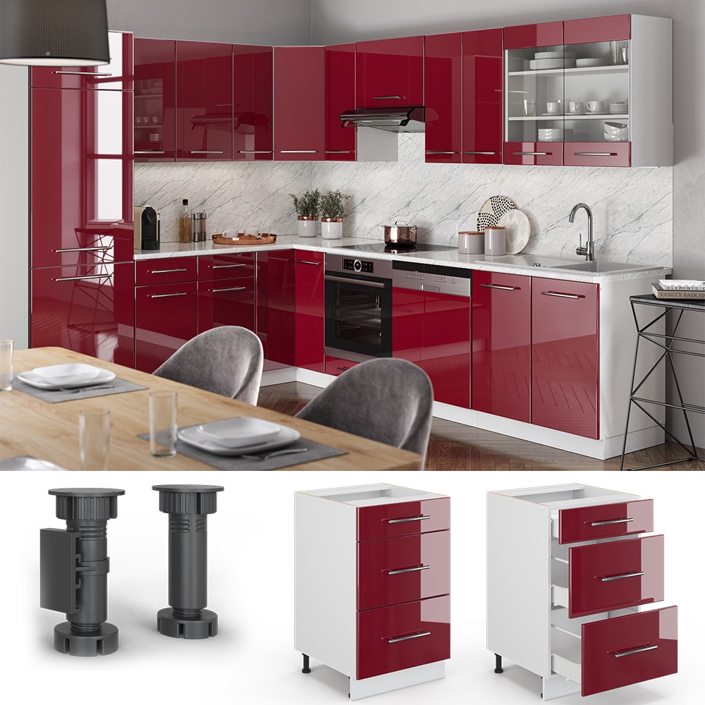 VICCO Schubunterschrank 50 cm Bordeaux Hochglanz K&uuml;chenschrank H&auml;ngeschrank K&uuml;chenzeile Fame-Line 