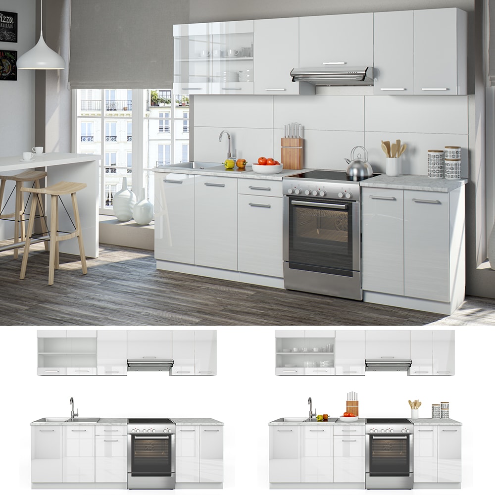 Vicco K&uuml;che Raul K&uuml;chenzeile K&uuml;chenblock Einbauk&uuml;che 240 cm  Wei&szlig; Hochglanz 