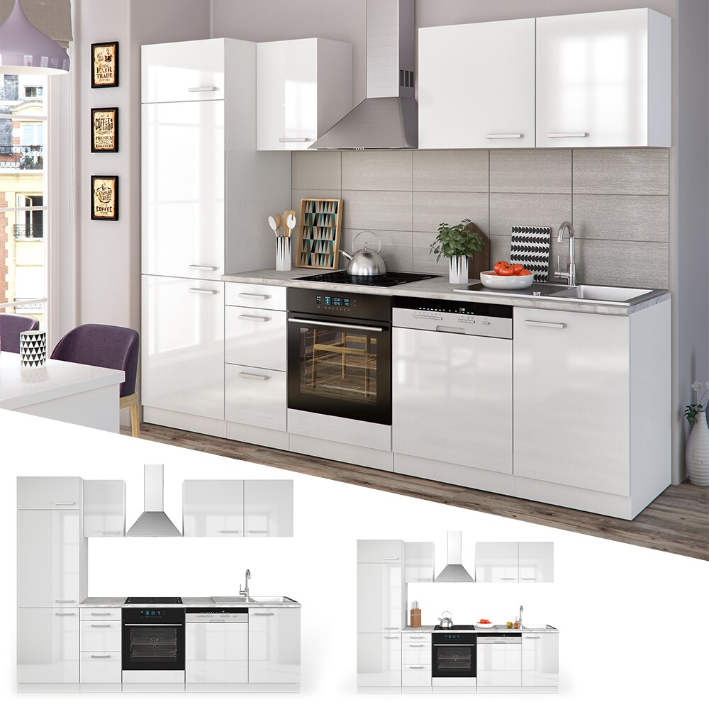 Vicco K&uuml;che 270 cm K&uuml;chenzeile K&uuml;chenblock Einbauk&uuml;che Wei&szlig; Hochglanz 
