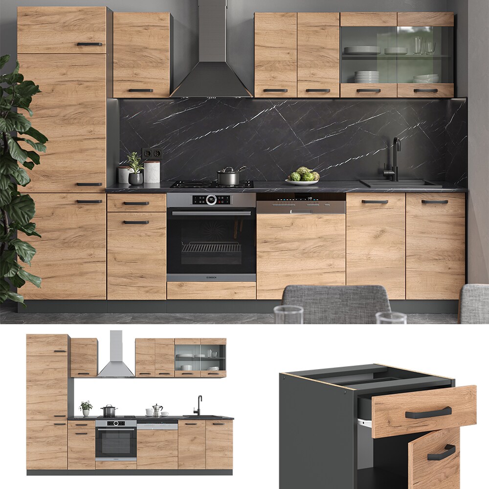 Vicco - Cuisine R-Line, Chêne doré/anthracite, 300 cm sans plan de travail