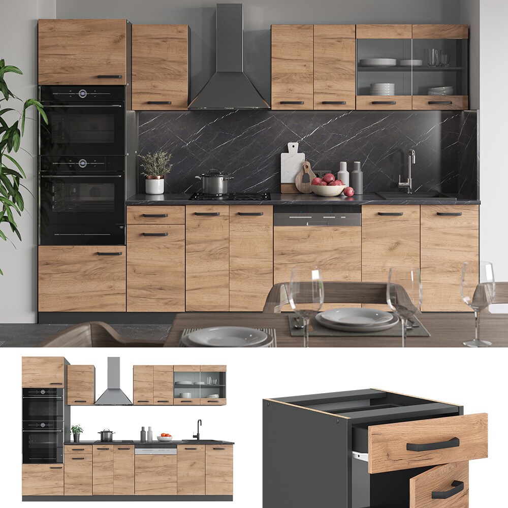 VICCO K&Uuml;CHE R-LINE 300 CM K&Uuml;CHENZEILE K&Uuml;CHENBLOCK EINBAUK&Uuml;CHE ANTHRAZIT EICHE 