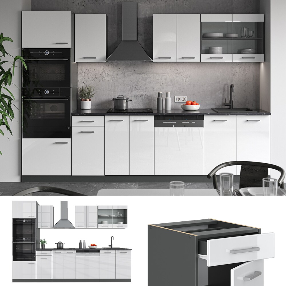VICCO K&Uuml;CHE R-LINE 300 CM K&Uuml;CHENZEILE K&Uuml;CHENBLOCK EINBAUK&Uuml;CHE ANTHRAZIT WEISS HOCHGLANZ 