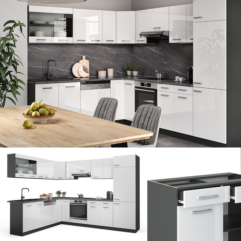 VICCO K&Uuml;CHENZEILE R-LINE ECKK&Uuml;CHE WINKEL K&Uuml;CHE EINBAUK&Uuml;CHE K&Uuml;CHENBLOCK ANTHRAZIT WEISS HOCHGLANZ 