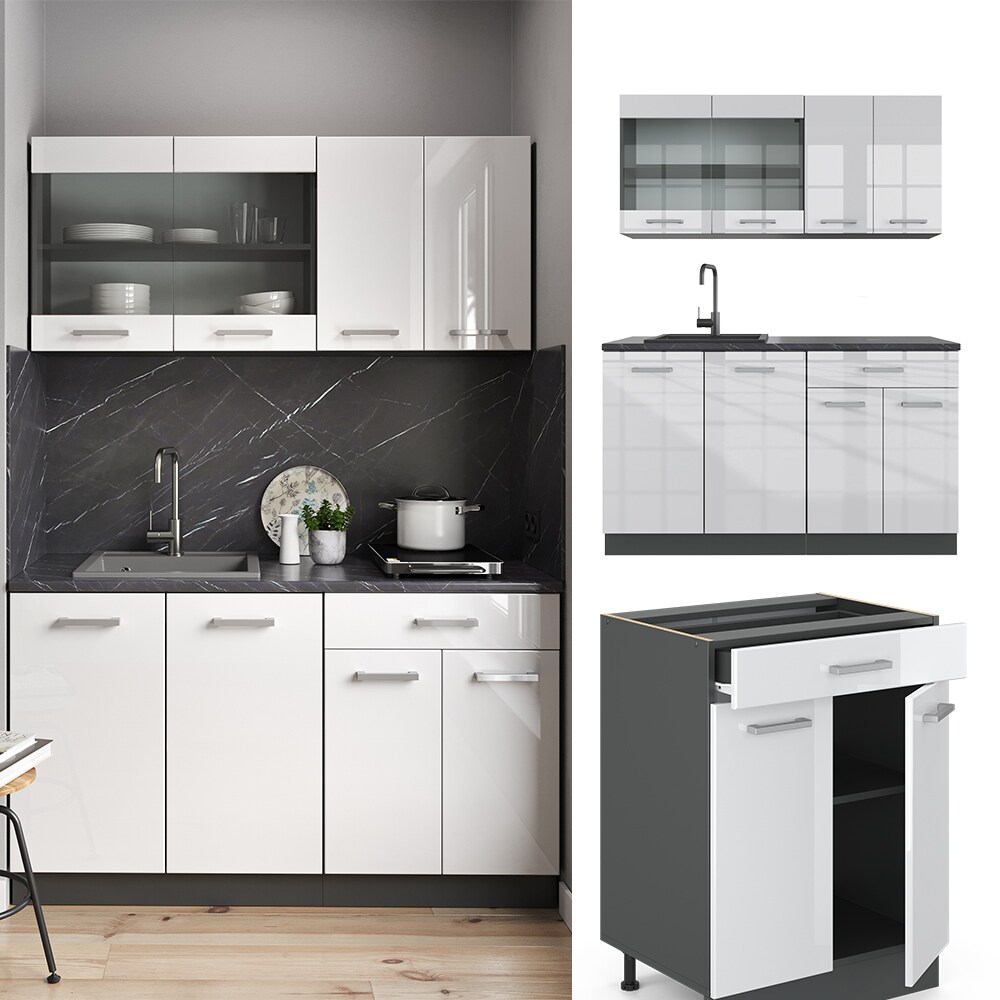 VICCO K&uuml;chenzeile R-LINE SINGLE Einbauk&uuml;che 140 cm K&uuml;che K&uuml;chenblock Singlek&uuml;che Anthrazit Wei&szlig; Hochglanz 
