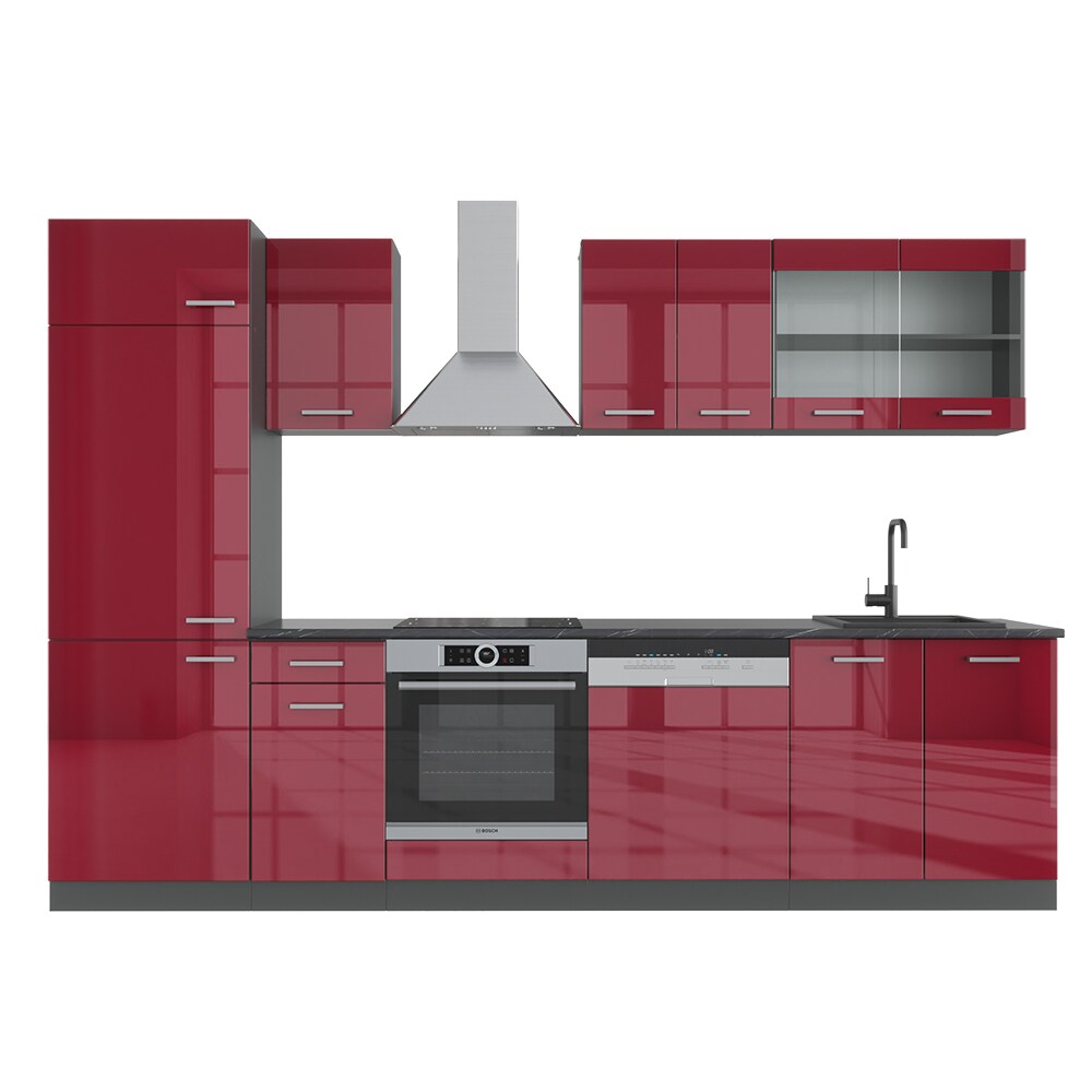 VICCO K&Uuml;CHE R-LINE 300 CM K&Uuml;CHENZEILE K&Uuml;CHENBLOCK EINBAUK&Uuml;CHE ANTHRAZIT BORDEAUX HOCHGLANZ 