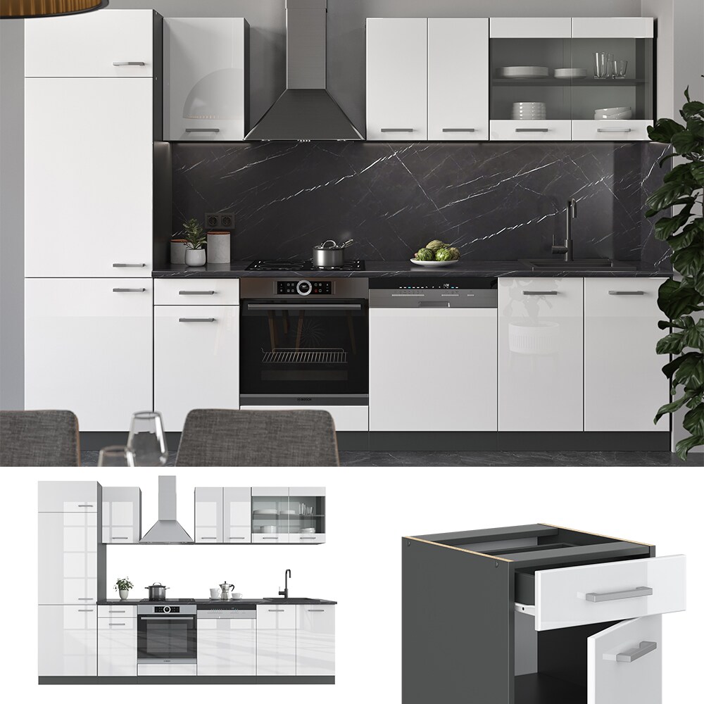 VICCO K&Uuml;CHE R-LINE 300 CM K&Uuml;CHENZEILE K&Uuml;CHENBLOCK EINBAUK&Uuml;CHE ANTHRAZIT WEISS HOCHGLANZ 
