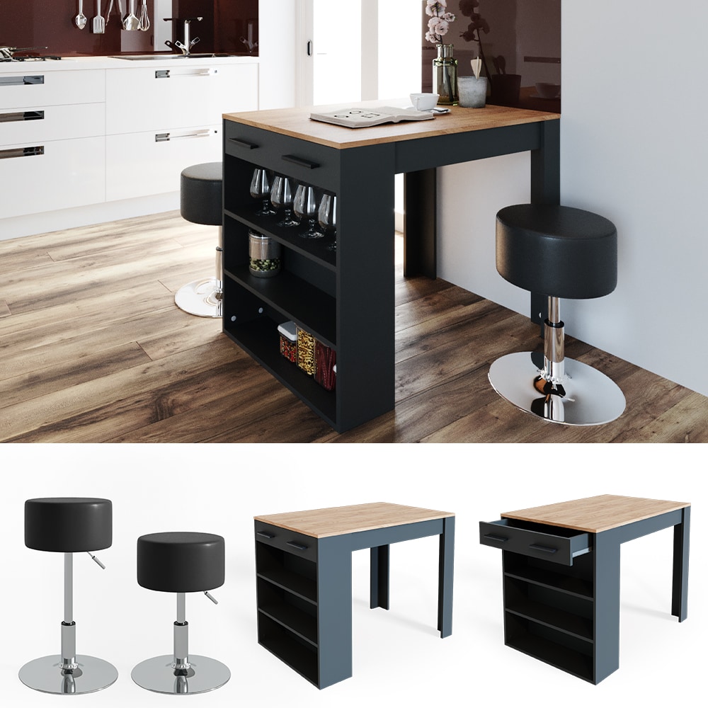 VICCO Bartisch REPOSE Tresen Tisch Hocker Bistrotisch Schublade Eiche Anthrazit 