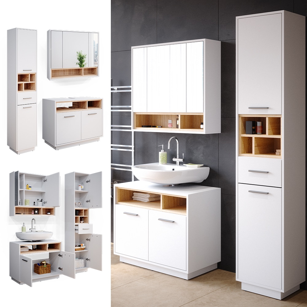 Vicco - Ensemble de meubles de salle de bain Beatrice, Blanc, 3 pièces, avec armoire haute