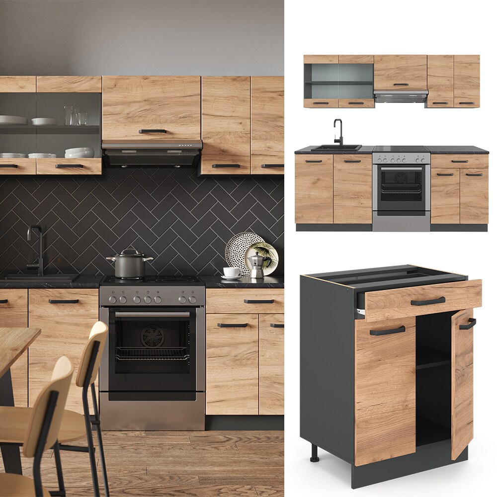 Vicco K&Uuml;CHE R-LINE 200CM K&Uuml;CHENZEILE K&Uuml;CHENBLOCK EINBAU Anthrazit Eiche 