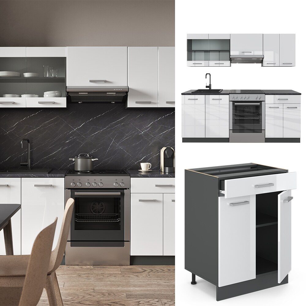 Vicco K&Uuml;CHE R-LINE 200CM K&Uuml;CHENZEILE K&Uuml;CHENBLOCK EINBAU Anthrazit Wei&szlig; Hochglanz 