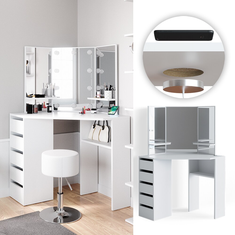 Vicco Eckschminktisch Arielle Kosmetiktisch Schminktisch Wei&szlig; Qi-Ladestation kabellos 