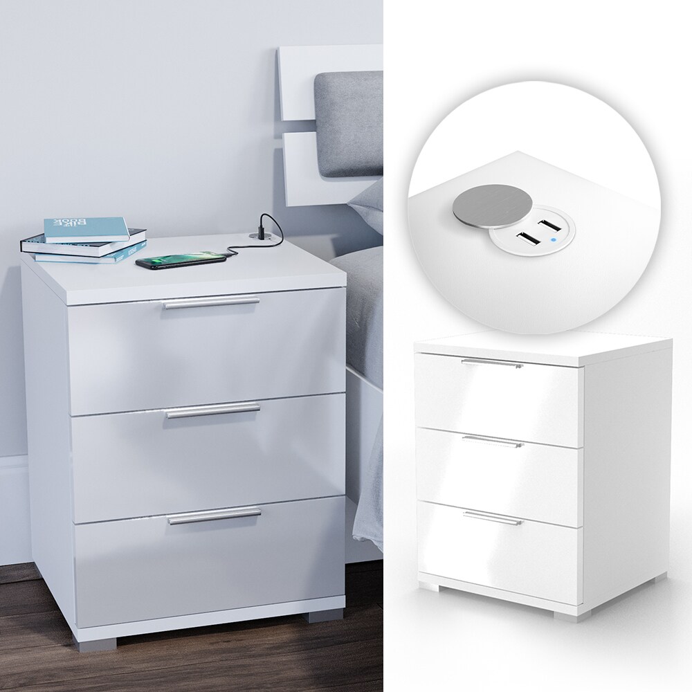 Vicco Nachtschrank Florenz Schublade Kommode Wei&szlig; Hochglanz mit USB Ladestation USB-Hub 