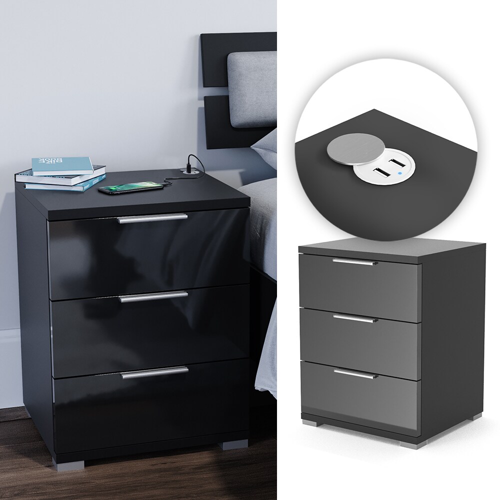 Vicco Nachtschrank Florenz Schublade Kommode Schwarz Hochglanz mit USB Ladestation USB-Hub 