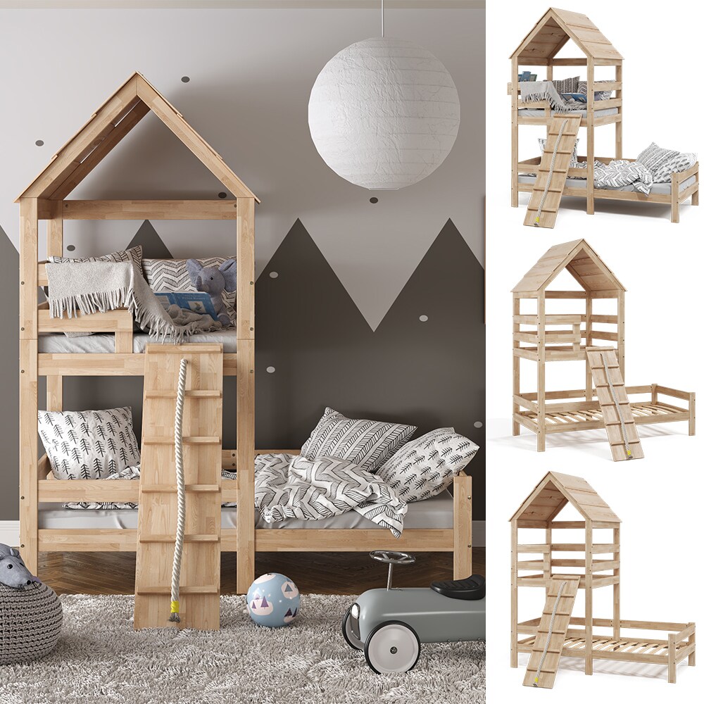 Kinderbett Teddy 90x200cm Spielturm Bett Spielbett Jugendbett Hausbett Natur