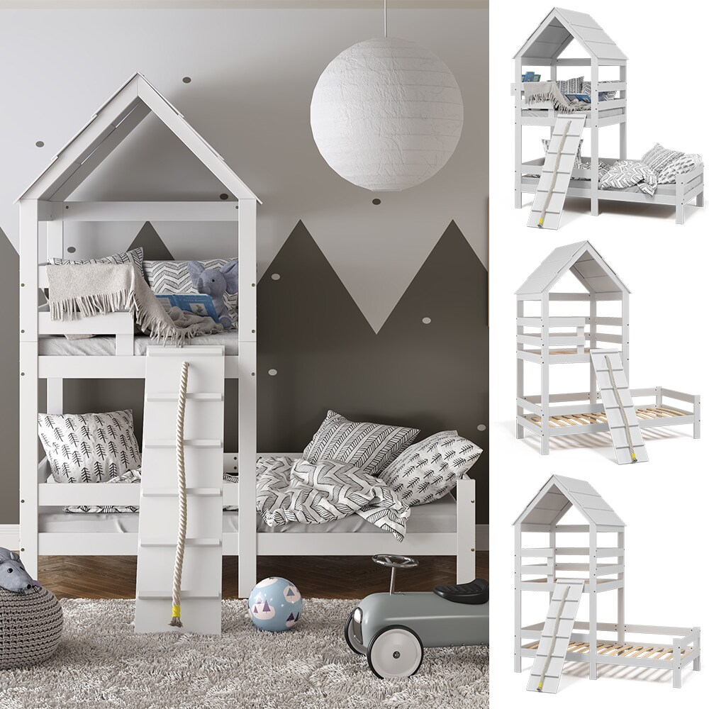 VitaliSpa Kinderbett Teddy 90x200cm Spielturm Bett Spielbett Jugendbett Hausbett Wei&szlig; 