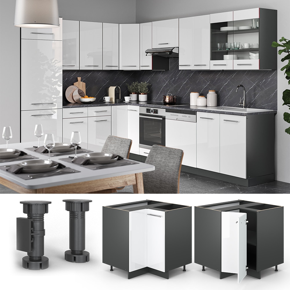 VICCO Eckunterschrank 87 cm Wei&szlig; Hochglanz K&uuml;chenschrank H&auml;ngeschrank K&uuml;chenzeile Fame-Line 