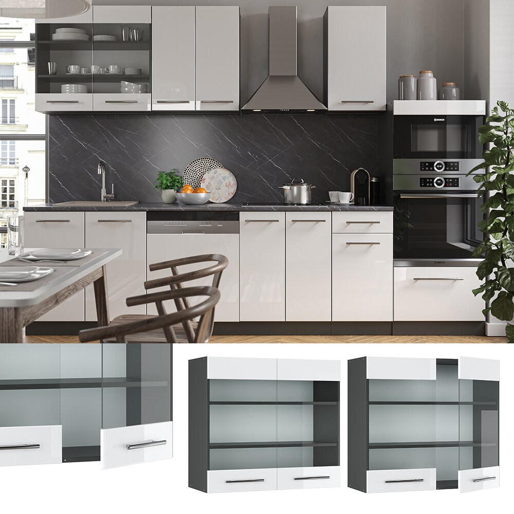 VICCO H&auml;ngeglasschrank 80 cm Wei&szlig; Hochglanz K&uuml;chenschrank H&auml;ngeschrank K&uuml;chenzeile Fame-Line 