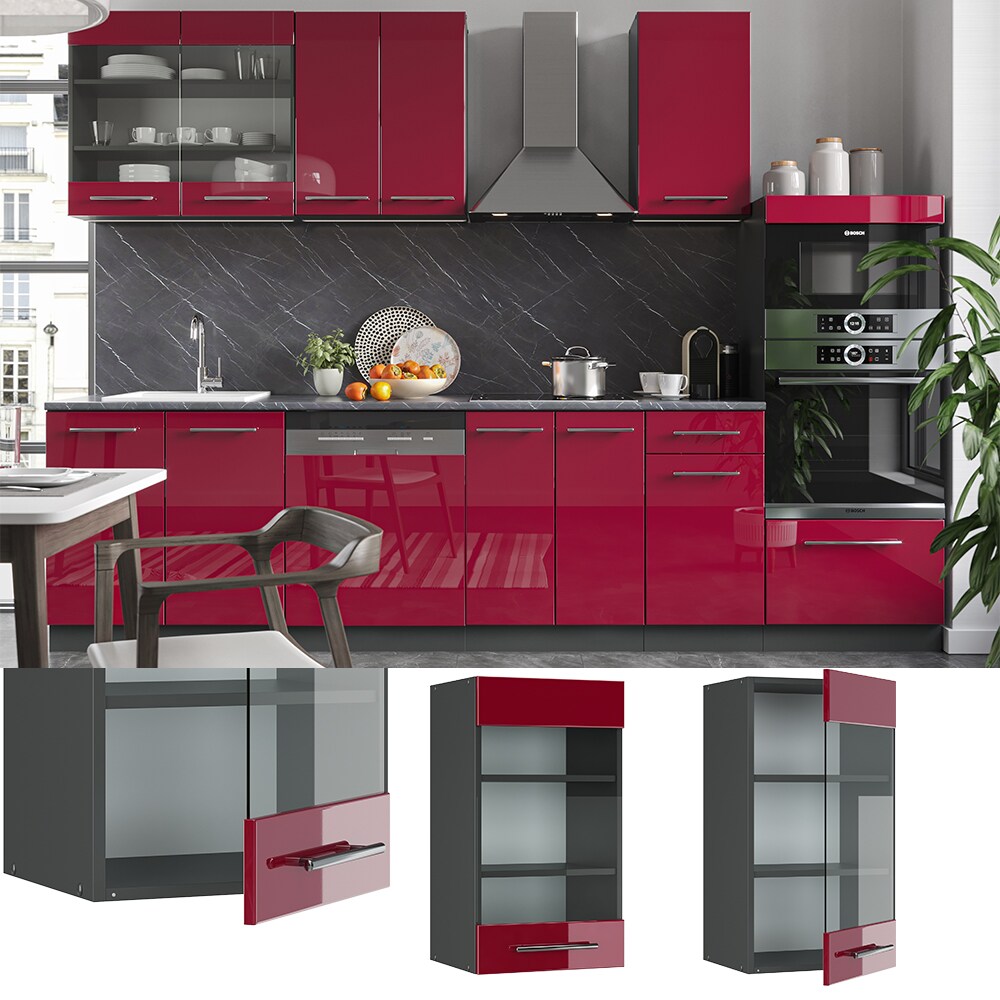 VICCO H&auml;ngeglasschrank 40 cm Bordeaux Hochglanz K&uuml;chenschrank H&auml;ngeschrank K&uuml;chenzeile Fame-Line 