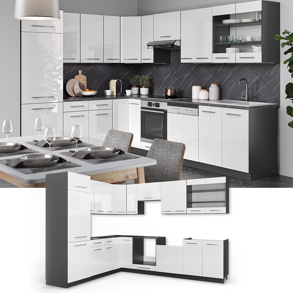 Vicco K&uuml;chenzeile Fame-Line Eckk&uuml;che Winkel K&uuml;che Einbau Wei&szlig; Hochglanz 