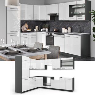 Vicco Küchenzeile Fame-Line Eckküche Winkel Küche Einbau Weiß Hochglanz 