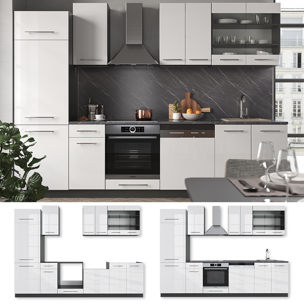 Vicco K&uuml;che Fame-Line 300 cm K&uuml;chenzeile K&uuml;chenblock Einbau Wei&szlig; Hochglanz 