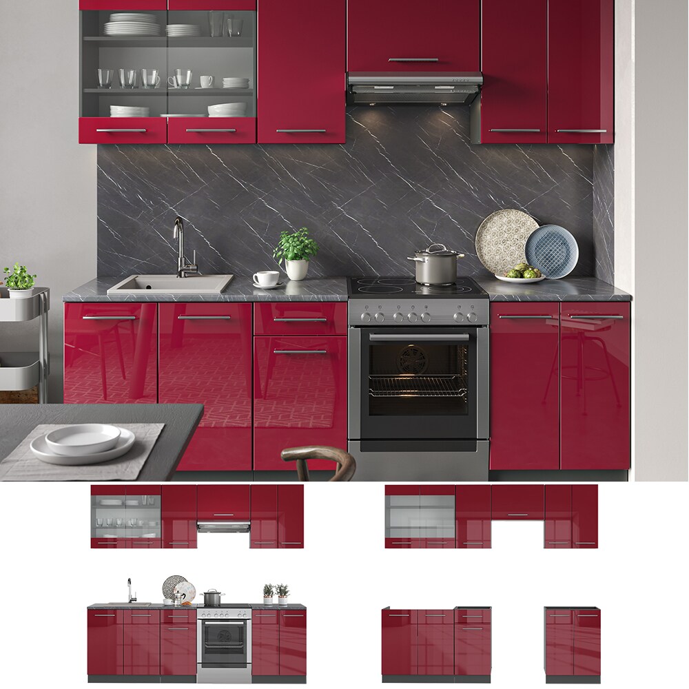 VICCO K&uuml;che Fame-Line K&uuml;chenzeile K&uuml;chenblock Einbauk&uuml;che 240cm Bordeaux Hochglanz 