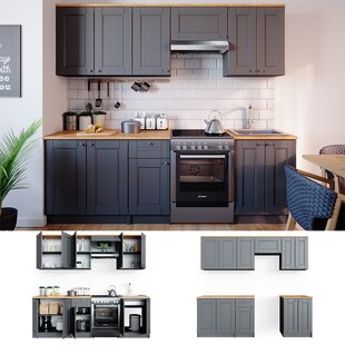 VICCO Küchenzeile Bergamo 240cm Landhaus Küche Einbauküche Küchenblock grau 