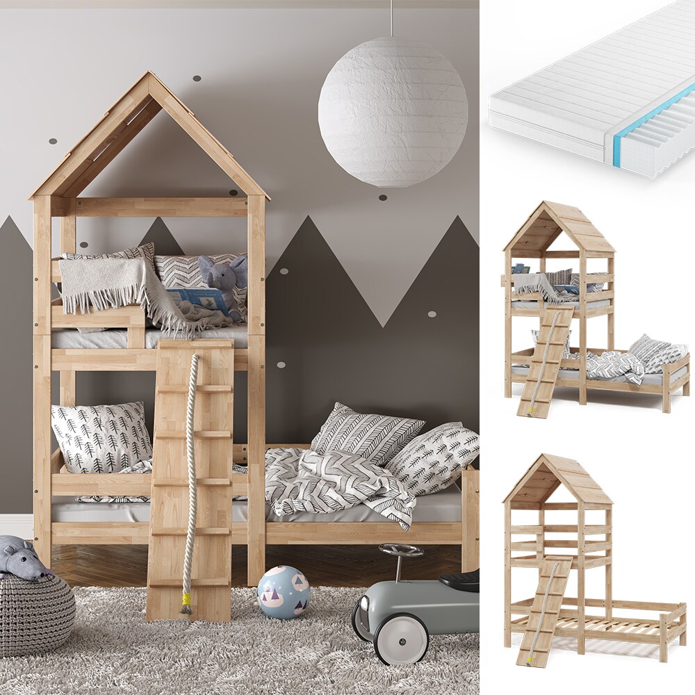 Kinderbett Teddy 90x200cm mit Matratze Spielbett Jugendbett Spielturm Natur