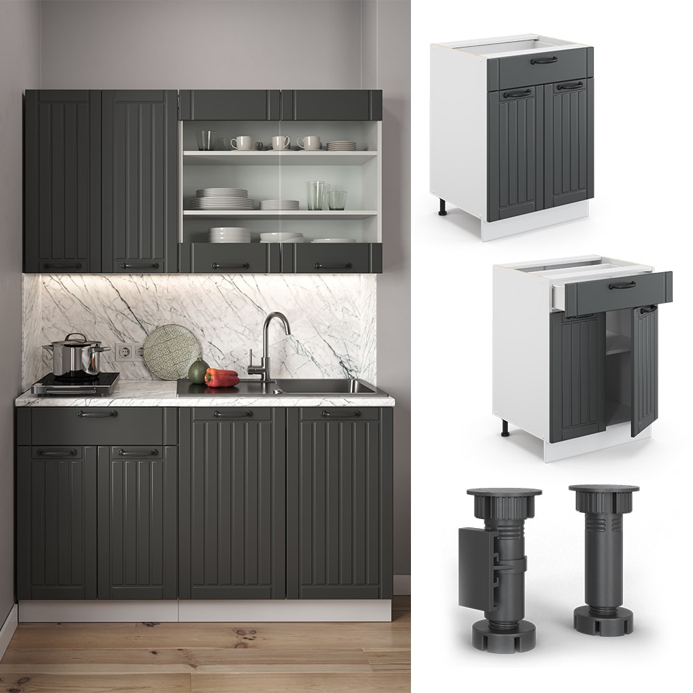Vicco Schubunterschrank 60 cm FAME Line K&uuml;chenschrank K&uuml;chenzeile Landhaus Anthrazit 
