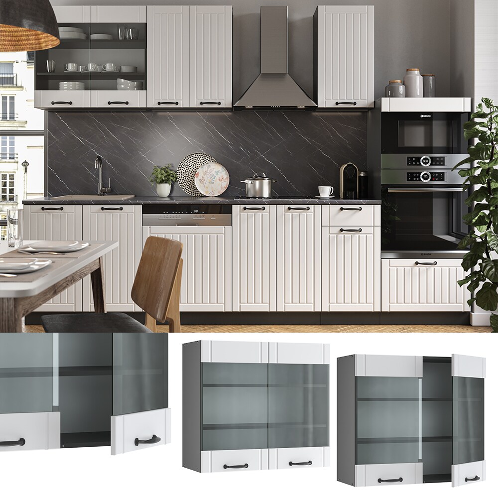 Vicco H&auml;ngeglasschrank 80 cm FAME Line K&uuml;chenschrank K&uuml;chenzeile Landhaus Wei&szlig; Anthrazit 