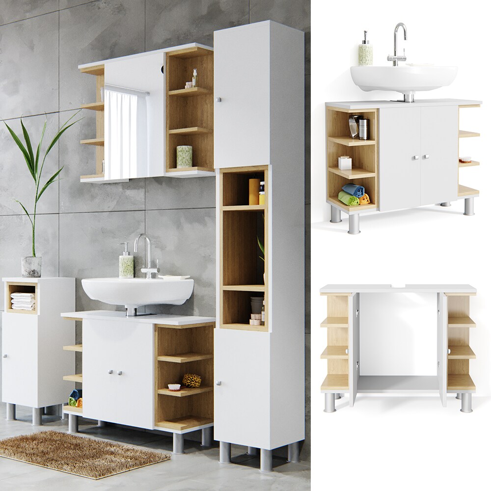 Vicco Waschbeckenunterschrank Aquis Waschtisch Unterschrank Eiche  Wei&szlig; 