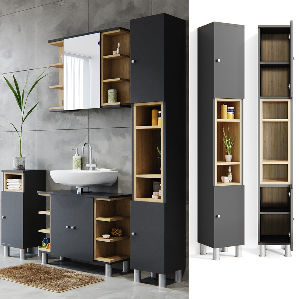 Vicco Badschrank Aquis Badezimmerschrank Hochschrank Bad Schrank Eiche Anthrazit 