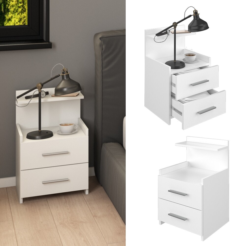 Vicco Nachttisch Beistelltisch Nachtschrank Alpin wei&szlig; Nachtkommode 2 Schubladen 