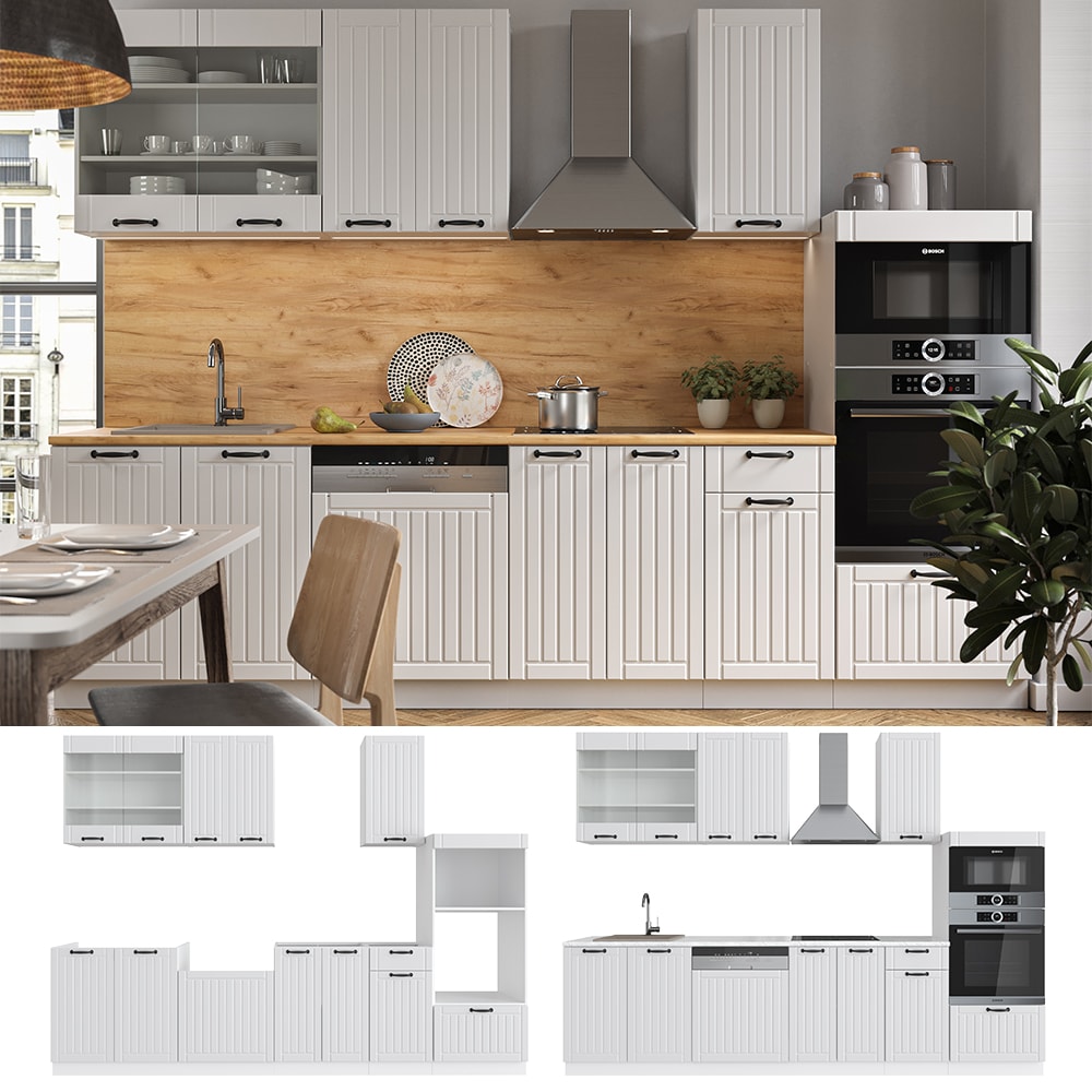 Vicco - Cuisine Fame-Line, Blanc campagne/blanc, 300 cm avec armoire haute, sans plan de travail