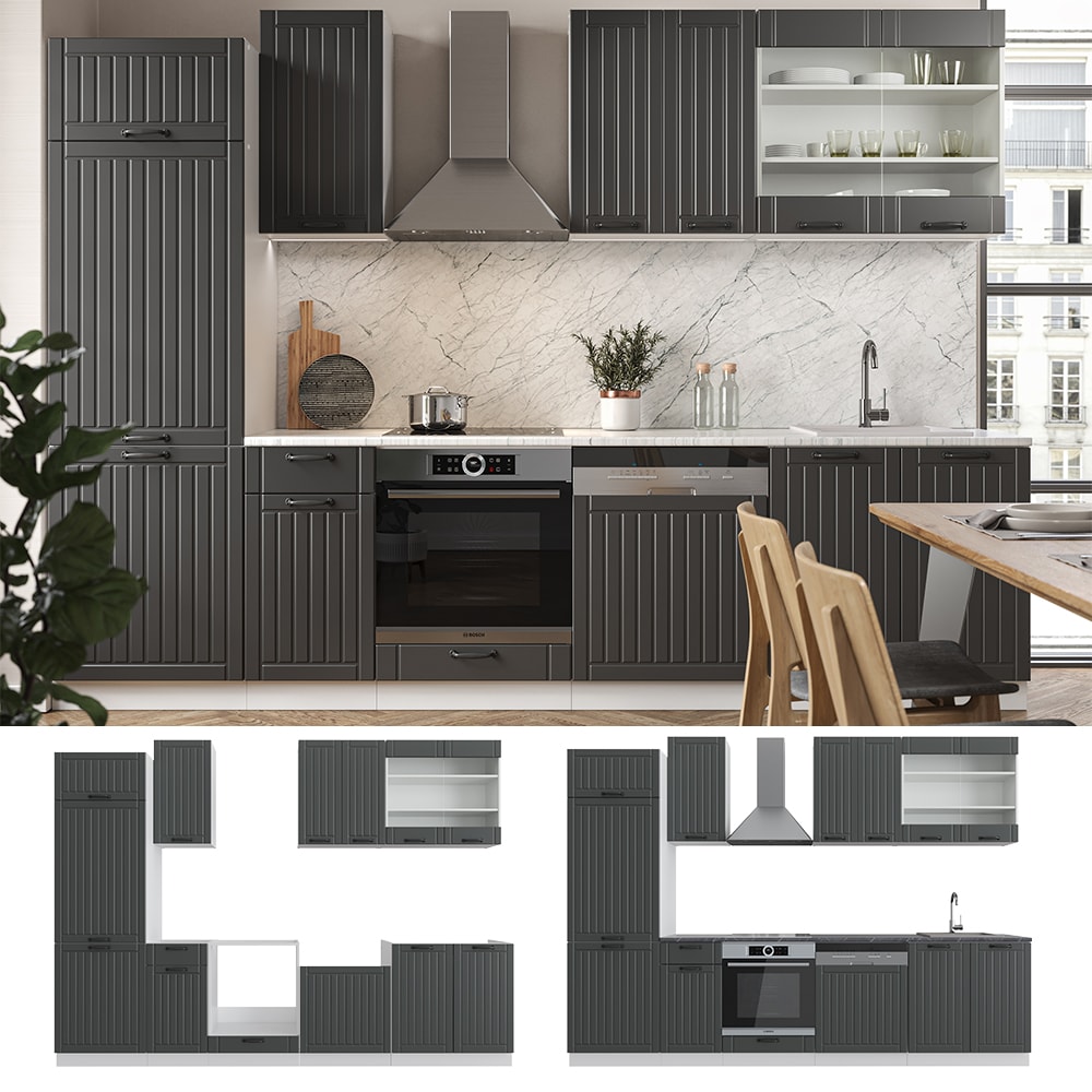 Vicco K&uuml;che Fame-Line 300 cm K&uuml;chenzeile Landhaus K&uuml;chenblock Einbau Anthrazit 
