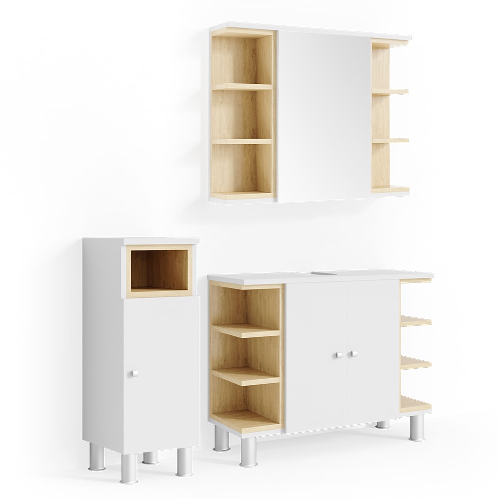 Vicco Badm&ouml;bel Set AQUIS Wei&szlig; Eiche Spiegel Waschtisch Unterschrank Midischrank 