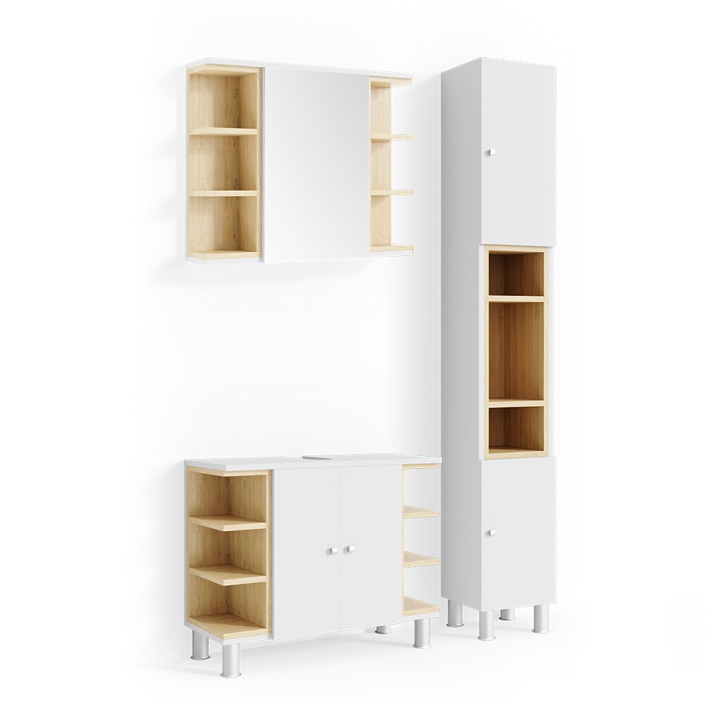 Vicco Badm&ouml;bel Set AQUIS Wei&szlig; Eiche Spiegel Waschtisch Unterschrank Hochschrank 