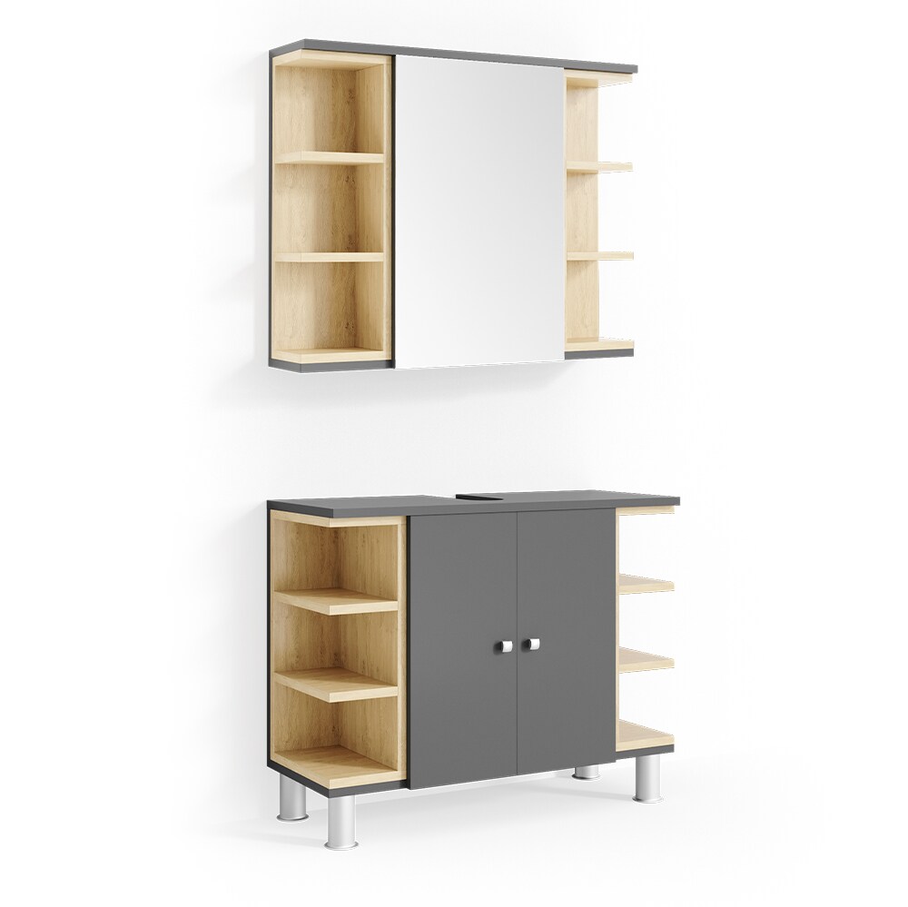 Vicco Badm&ouml;bel Set AQUIS Anthrazit Spiegel Waschtisch Unterschrank Badezimmer 