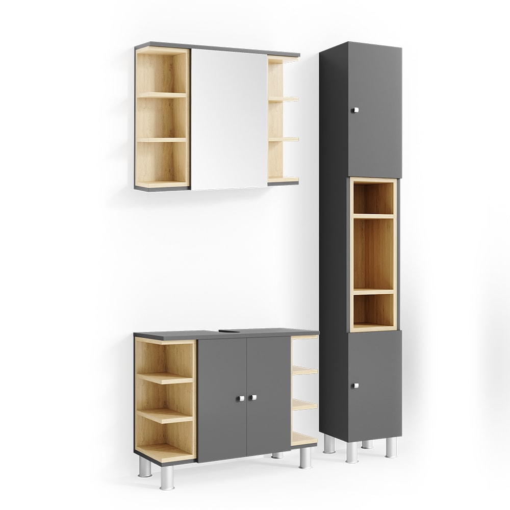 Vicco Badm&ouml;bel Set AQUIS Anthrazit Spiegel Waschtisch Unterschrank Hochschrank 