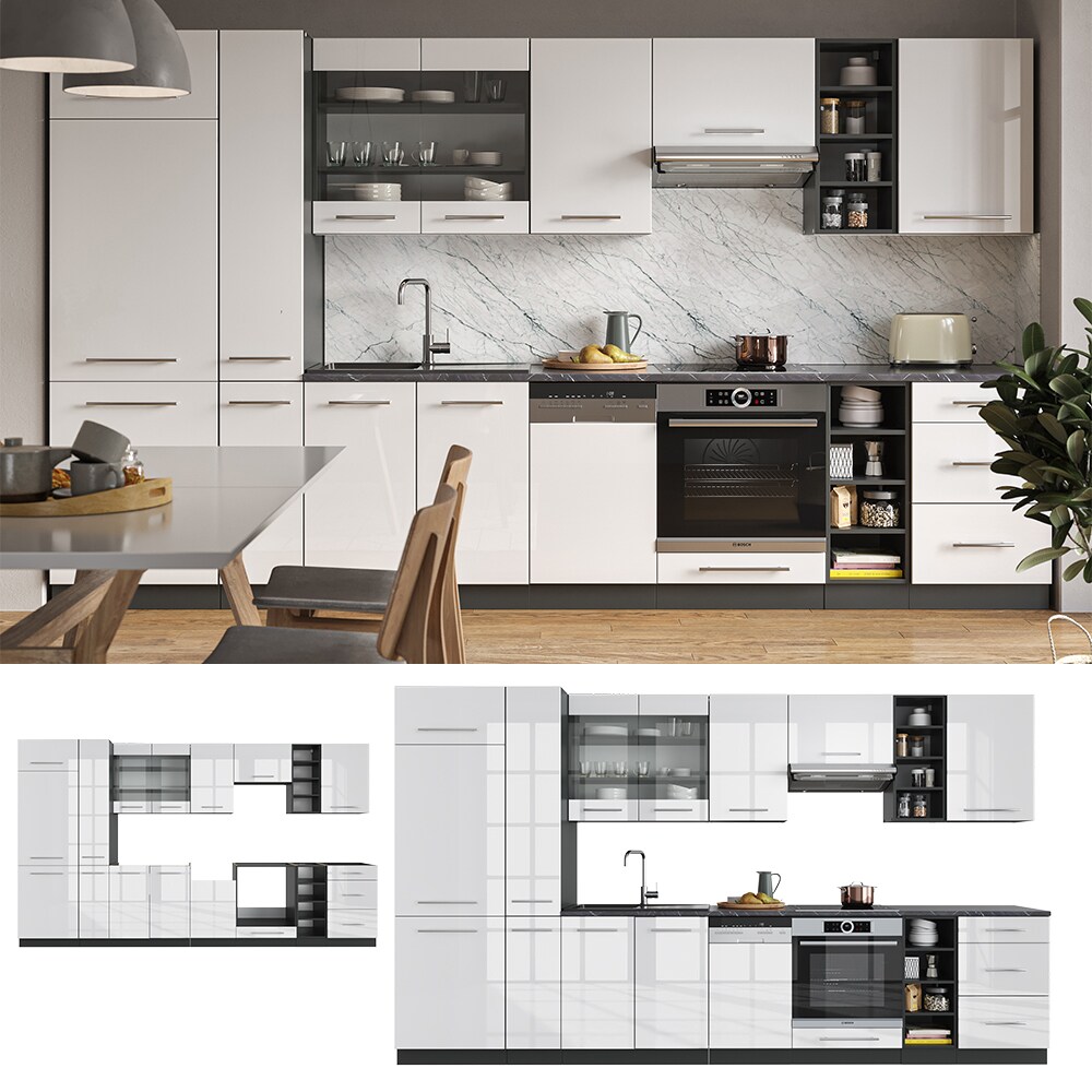 Vicco K&uuml;chenzeile K&uuml;chenblock Einbauk&uuml;che 355cm Fame-Line Wei&szlig; Hochglanz 