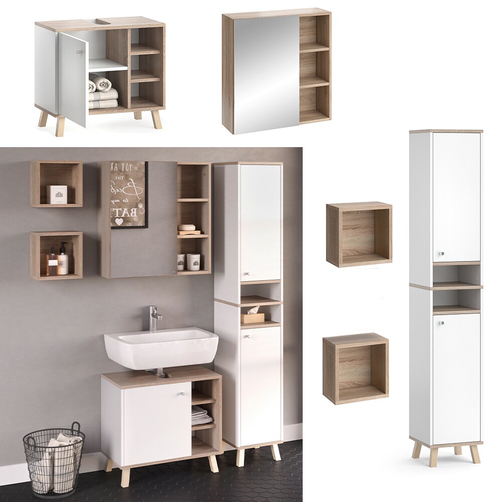 Vicco Badm&ouml;belset Hochschrank Waschtischunterschrank Spiegelschrank Senyo S/W 
